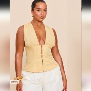 PrettyLittleThing Shape Butter Yellow Plunge Front Button Detail Top- 8